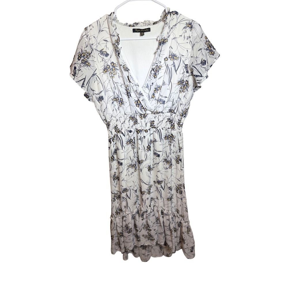 Ryan Michelle Floral Smocked Waist Midi Dress White Navy Mustard Petite Medium